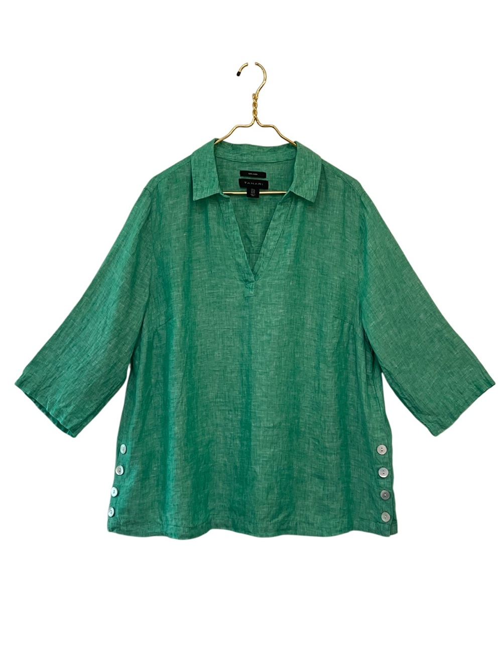 Tahari 100% Linen Popover Shirt Green Collared Split Neck Blouse 1X